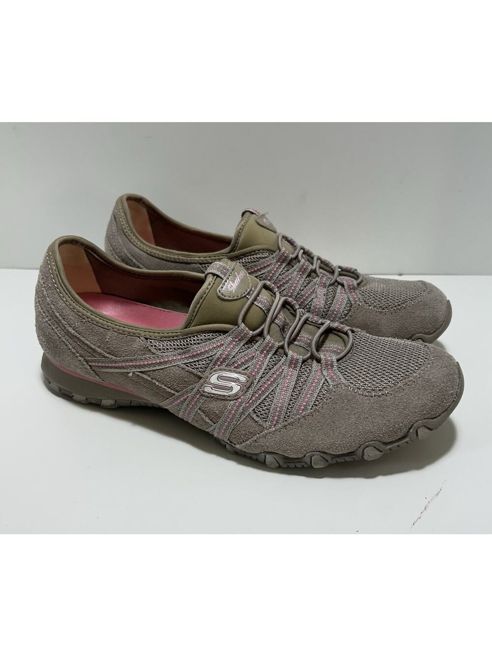 SKECHERS Taupe Pink Leather Slip-On Biker Sneakers Shoes #22358 Womens 9